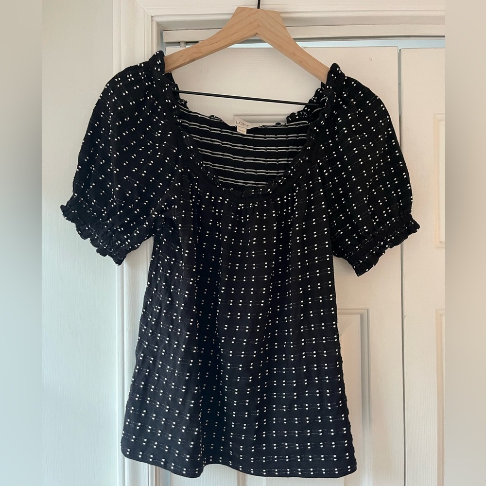 LOFT Smocked Square Neck Black and White Polka Dot Blouse